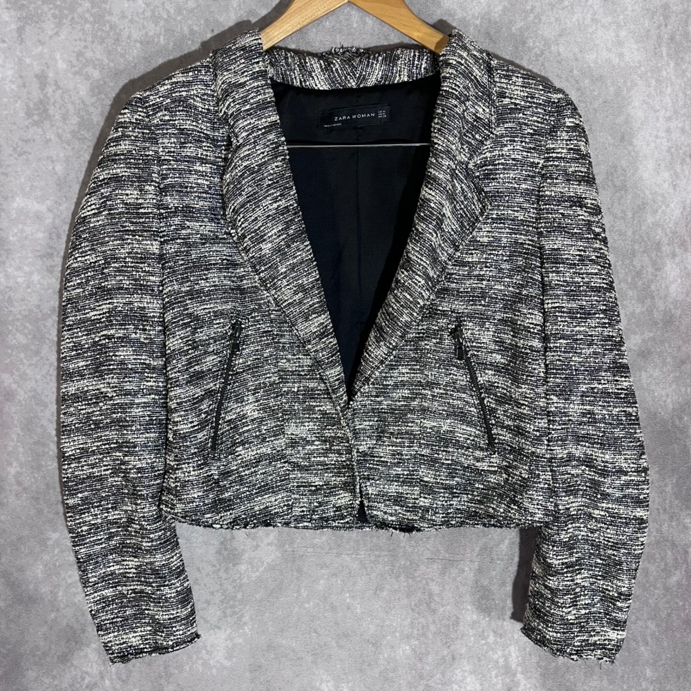Zara Woman Tweed Jacket Women Medium‎ Black White Cropped Zipper Boucle Blazer